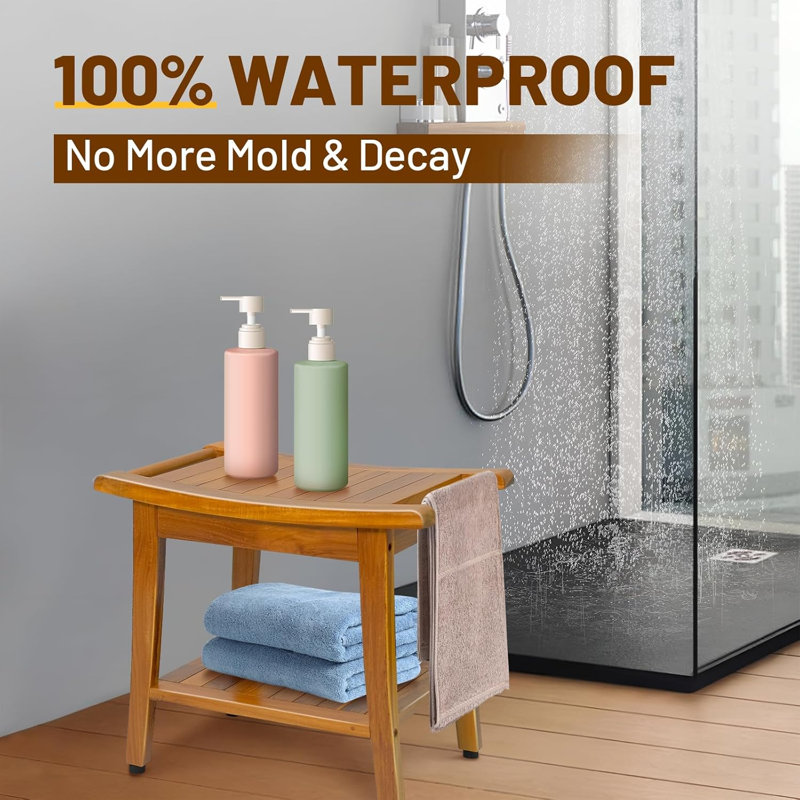 20" Premium Teak Shower Bench with Shelf & Handle, Solid Teak Shower Stool