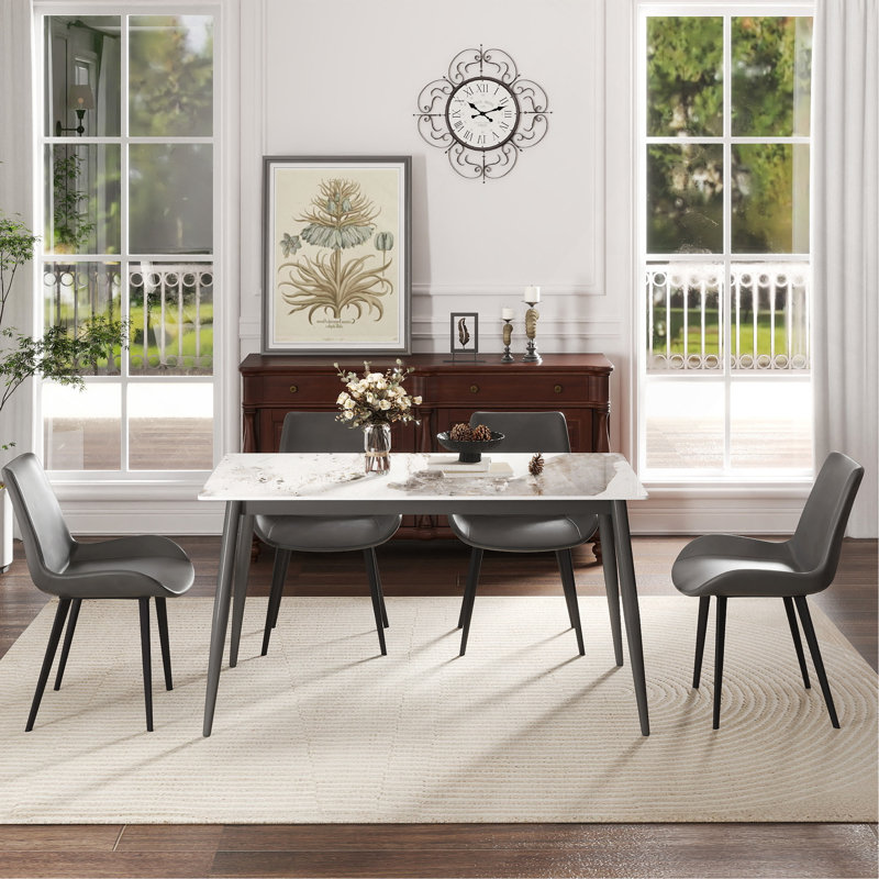 Table de salle à manger 55,12 po en pierre artificielle moderne à bord droit gris foncé et pieds en métal gris foncé pouvant accueillir 6 personnes