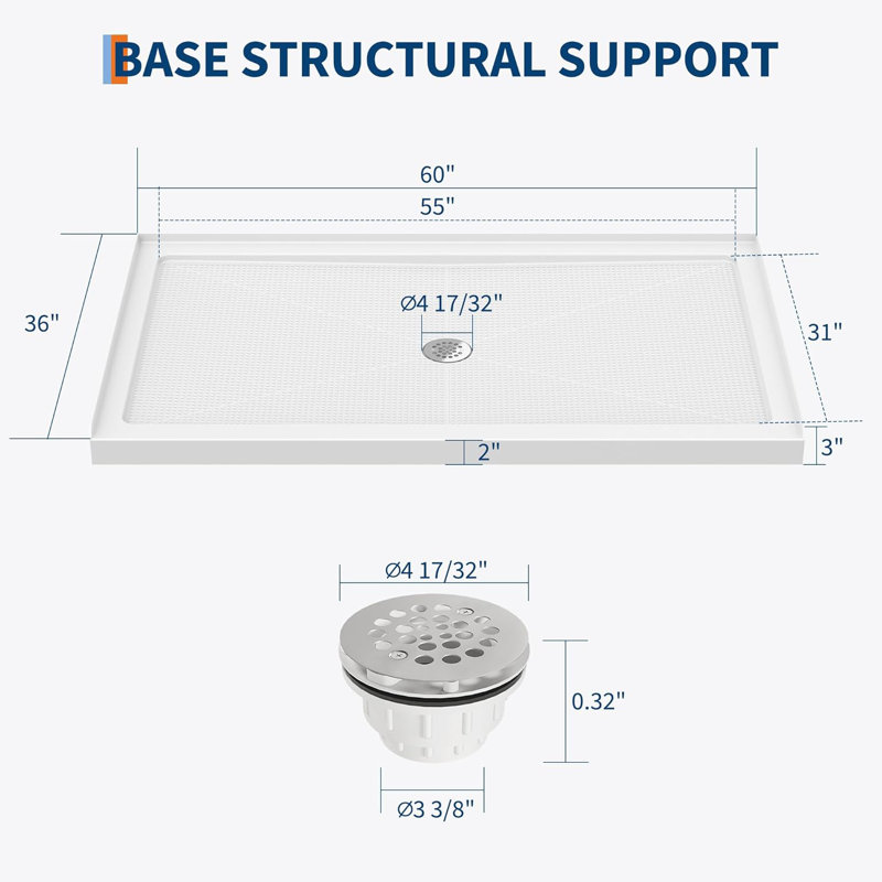 Bac de douche à drain à gauche - base à seuil simple, surface texturée antidérapante, base de douche légère en ABS, ensemble de bonde facile à installer inclus