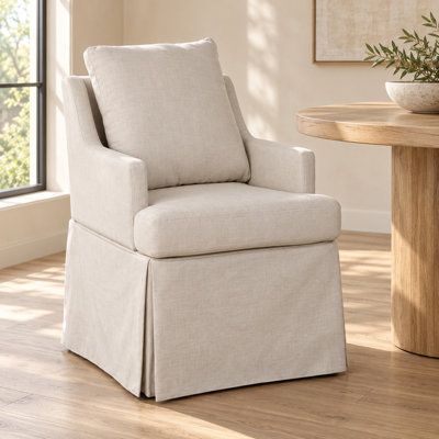 Fauteuil de salle à manger rembourré en lin beige avec 4 roulettes amovibles, jupe plissée et coussin assorti, chaise de cuisine moderne pour la salle à manger, le salon et la chambre à coucher