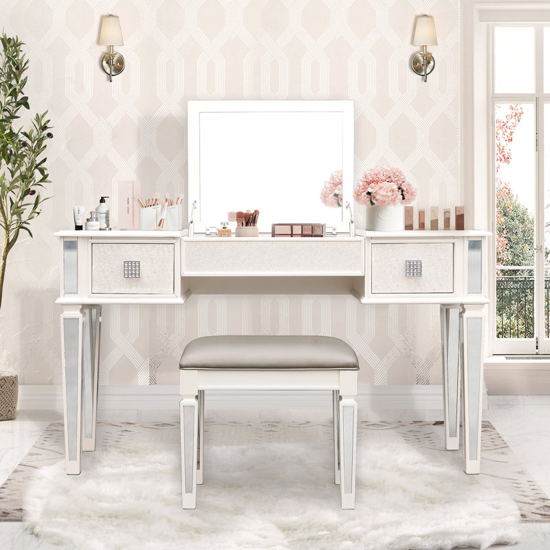 Mirrored Vanities Desk With Drawers, Bedroom Makeup Vanity Table Set With Mirror And Stool, Flip Up Dressing Table, White