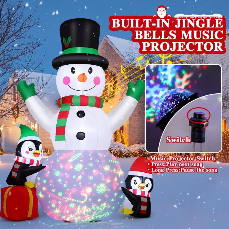 Christmas Inflatables 8 FT Snowman Inflatable Blow Up Penguins with Built-in Music Box & Rotating Colourful LED Lights
