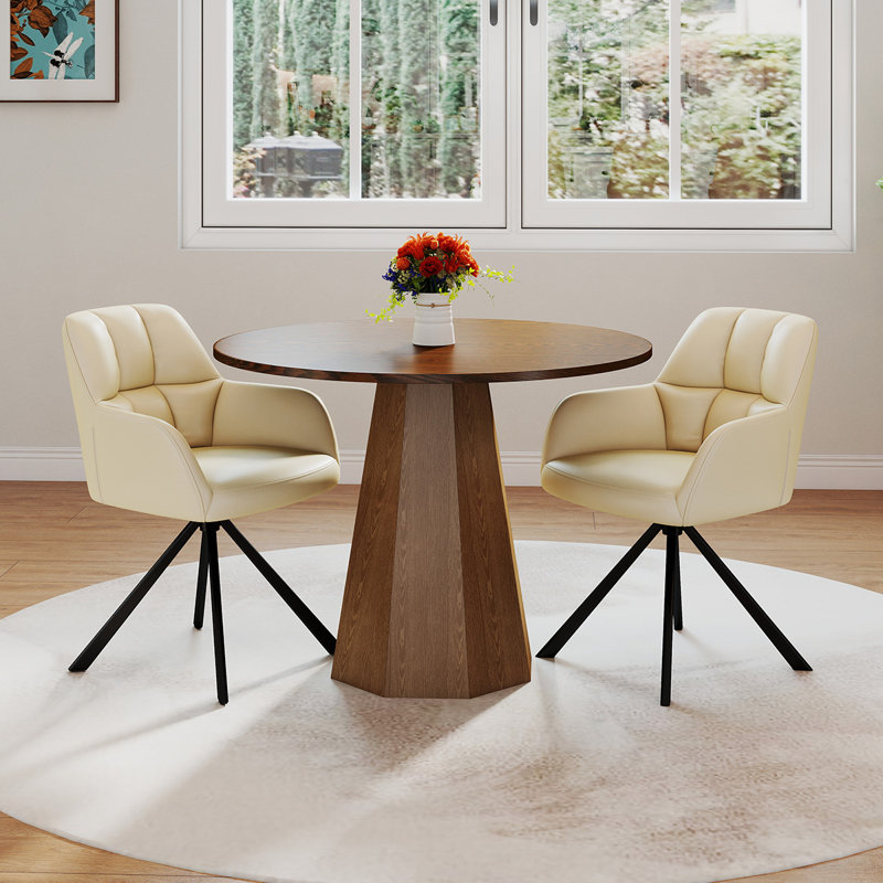 Ensemble de tables de salle à manger rondes de style Mid-Century avec chaises pivotantes, Noyer, 3 pièces: table, 2 chaises