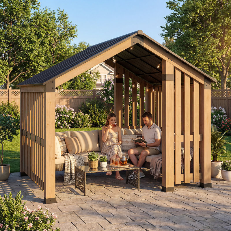 Sunjoy Pavillon de jardin rigide en bois de cèdre 11 x 11 pi avec écran d'intimité