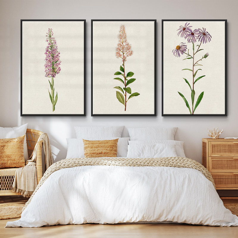 Mauve Garden Flowers I, ensemble de 3 toiles encadrées sur toile, Cadre noir, H 27 po x l 54 po