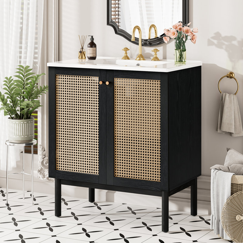 Meuble-lavabo de 30 pouces fabriqué à partir de matériaux naturels, avec des portes en rotin faites à la main et des mécanismes de fermeture en douceur