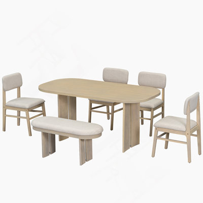 Solid Wood Dining Table Set With Bench - 6-Piece Upholstered Rectangular Dining Room Table Set With Bench, 2-Color Modern Farmhouse Kitchen Furniture