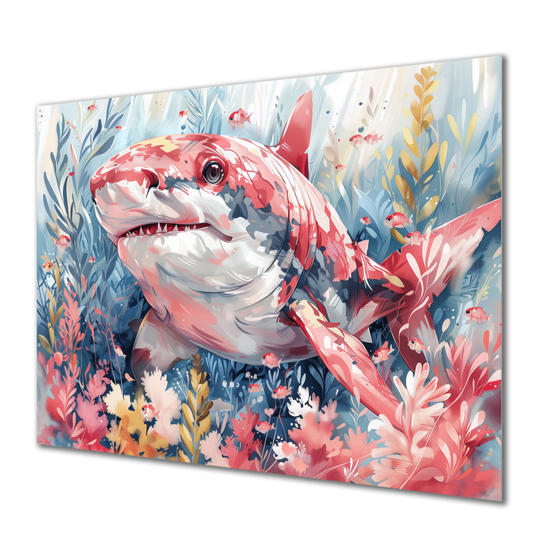Pink Grey Hunting Shark Watercolor I - Sharkwall Art Wall Art Living Room, No Framed, Metal, 12'' H x 20'' W