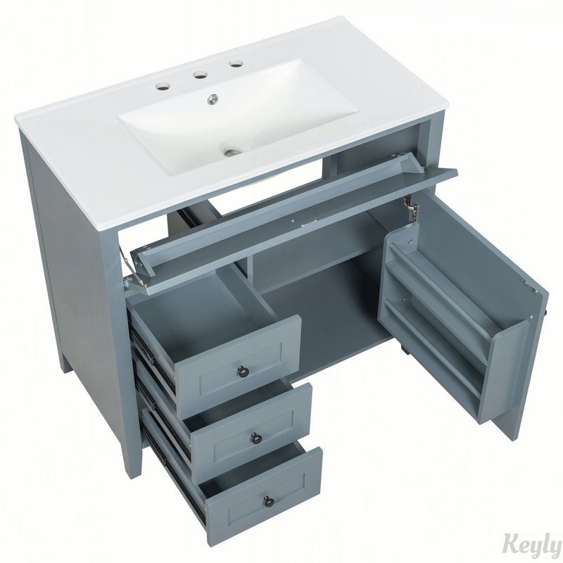 Meuble-lavabo moderne de 36 pouces avec lavabo, panneau de fibres à densité moyenne et armoire en bois d'hévéa, 3 tiroirs, tablette réglable pour le rangement et l'organisation