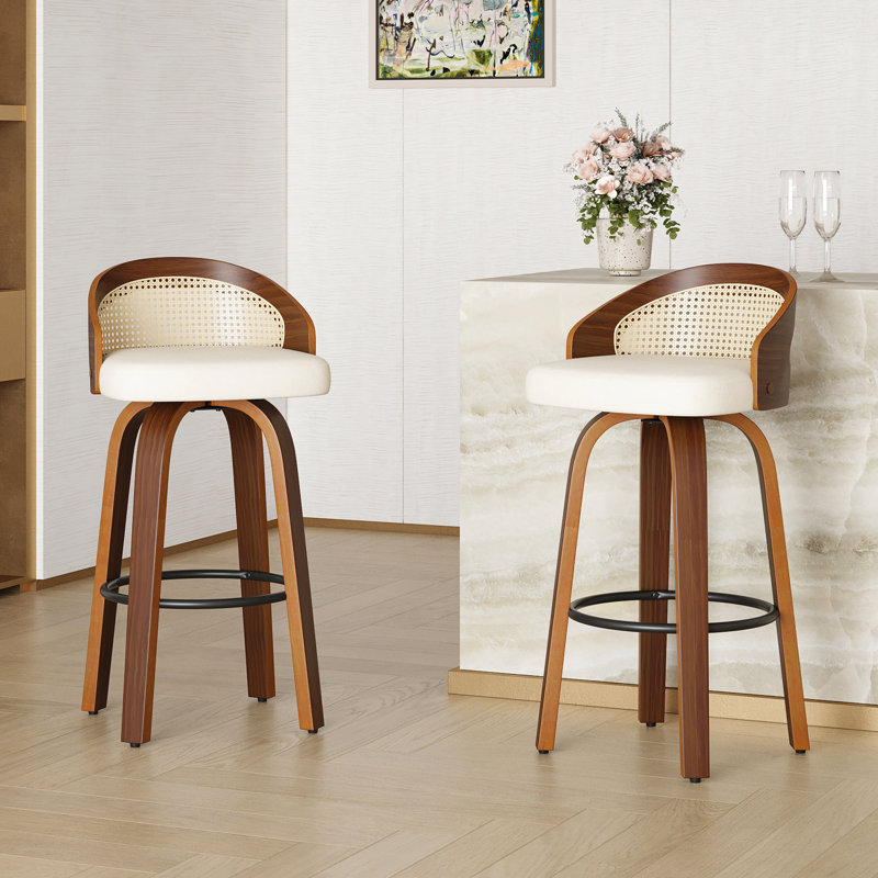 Swivel Faux Leather Cushion Rattan Back Counter & Bar Stools, Beige, Bar Stool (30" Seat Height)