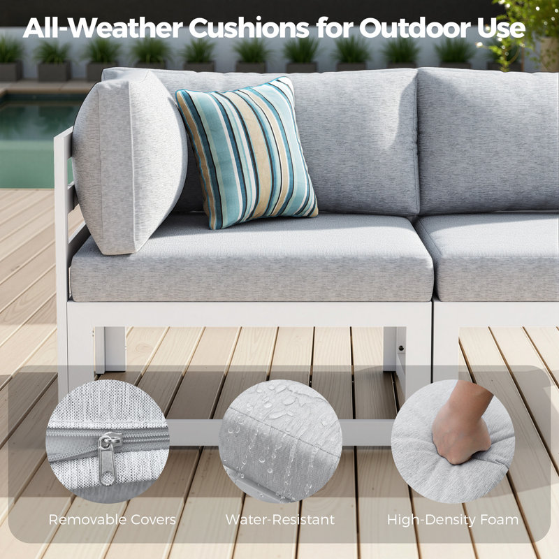 9-Piece 8-Person Outdoor Patio All-Aluminum Sectional Conversation Set with 60,000 BTU Fire Pit Table and Cushions, White