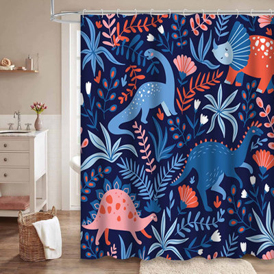 Drawn Seamless Dinosaurs Tropical Blue Shower Curtain with 12 Hooks
