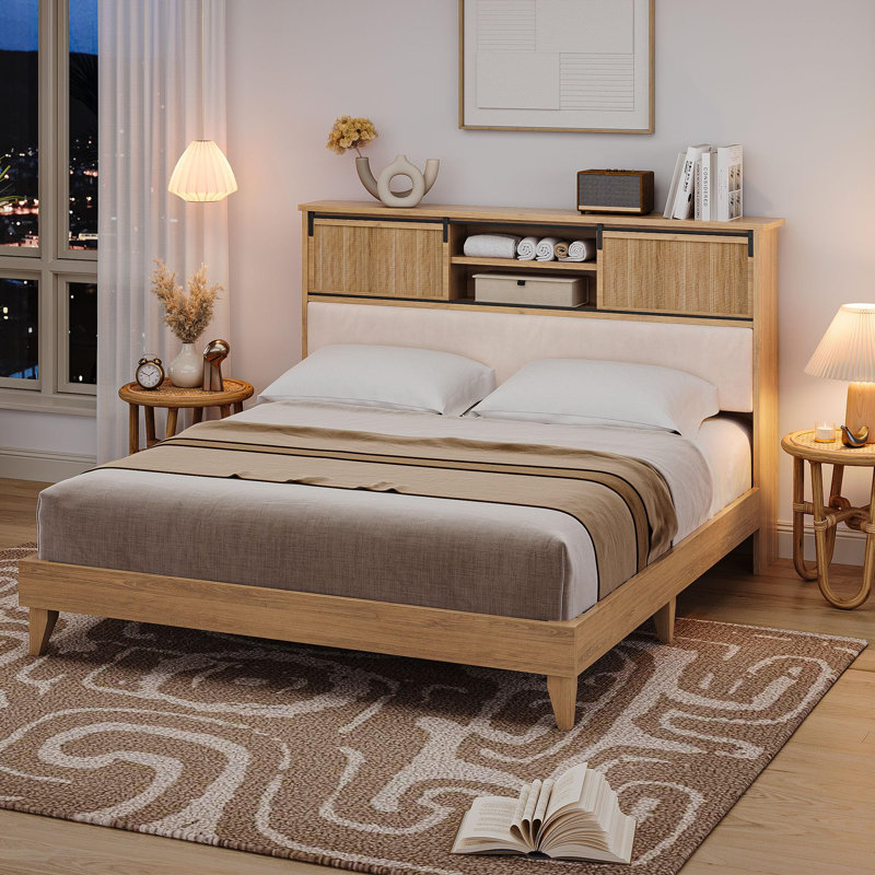 Rattan Bed Frame King With Shelves, Boho King Bed Frame With Shelf Headboard Sliding Door