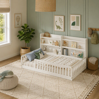 Montessori Floor Bed with Bookshelf & Safety Rails Solid pine wood kids bed with integrated bookshelf, low-to-ground Montessori design
