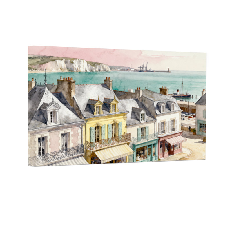 Scène d'aquarelle de ville côtière charmante, H 12 po x l 18 po