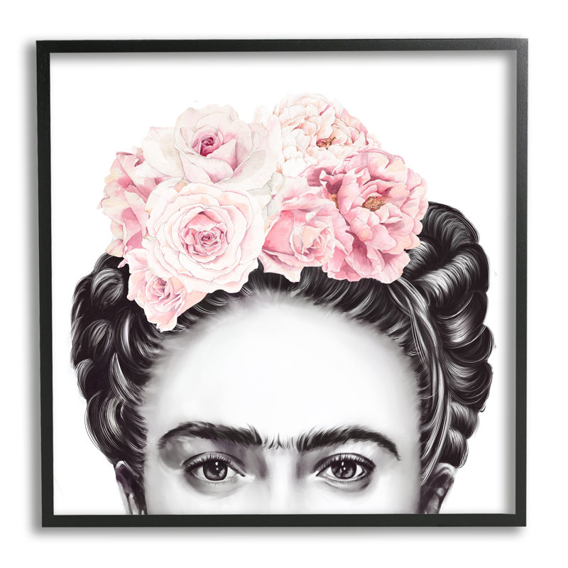 Portrait de Frida avec des roses roses, H 24 po x l 24 po, Giclée encadrée noir minuit