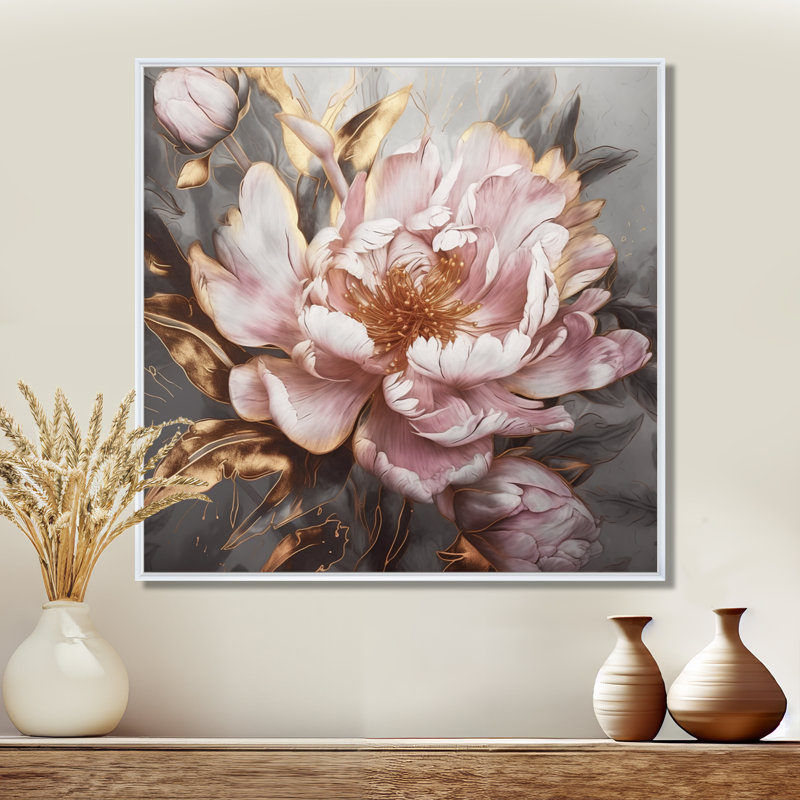 «Pink Gold Pe pivoens Petals» - reproduction d'art sur toile encadrée, H 16 po x l 16 po, Reproduction avec cadre flottant