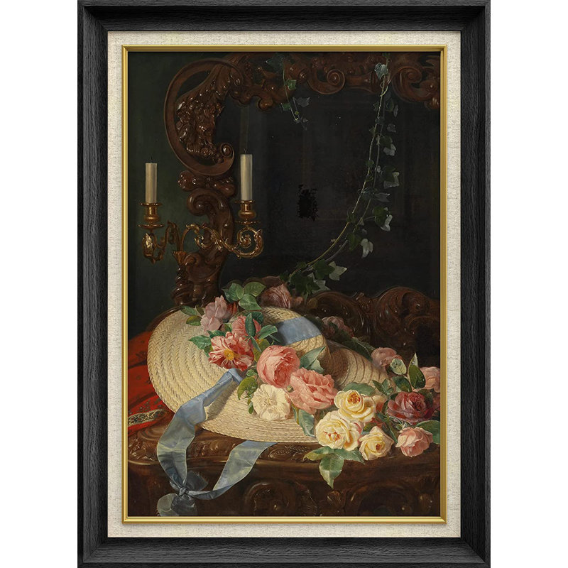 Ribbon Hat With Garden Roses - Peinture sur toile encadrée, Noir