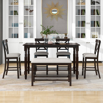 TREXM 6-Piece Counter Height Dining Table Set Table With Shelf 4 Chairs And Bench For Dining Room