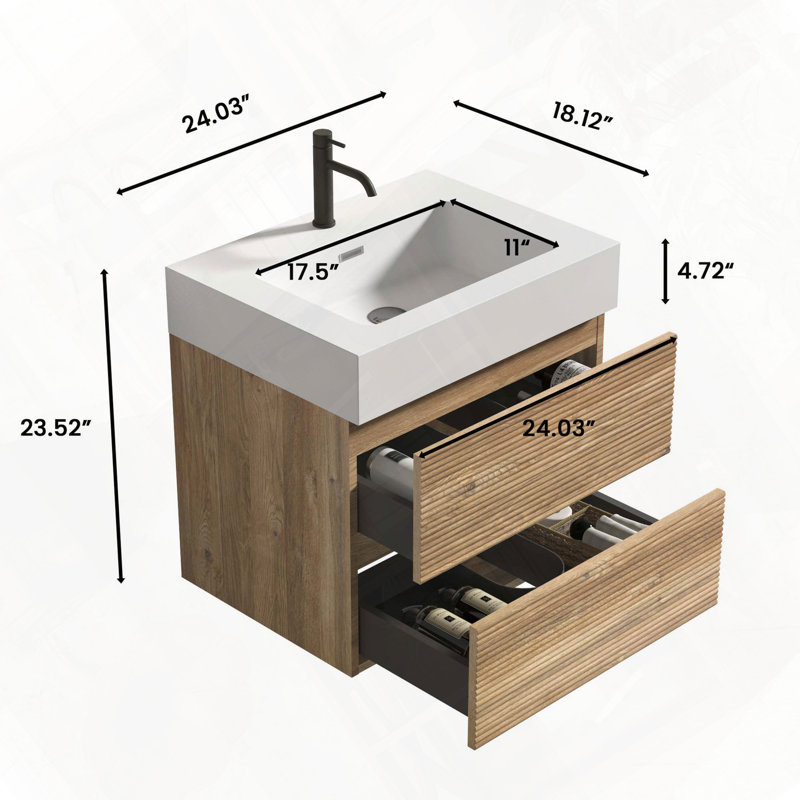 Meuble-lavabo mural flottant avec tiroirs souples et lavabo