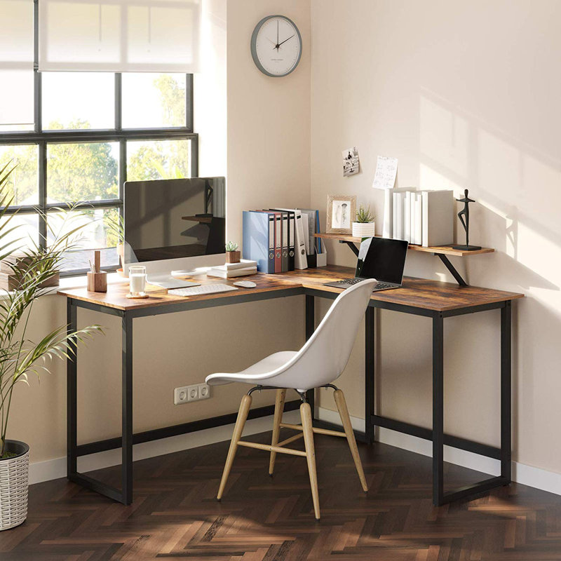 Evelin L-Shaped Metal Base Writing Desk, Rustic Brown