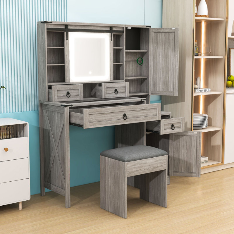 Vanity Desk with Sliding LED Mirror, Charging Station, 4 Drawers and 2 Cabinets, Gray