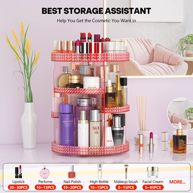 Organisateur de maquillage rotatif à 360 degrés, Rose