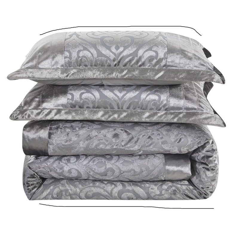 Wanston Velvet Bedspread with Pillow Shams, Silver, Double Bedspread+ 2 Standard Shams