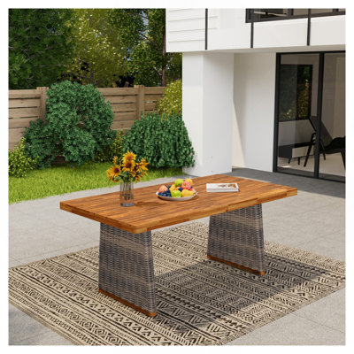 Table de salle à manger d'extérieur en bois d'acacia, finition teck + osier gris