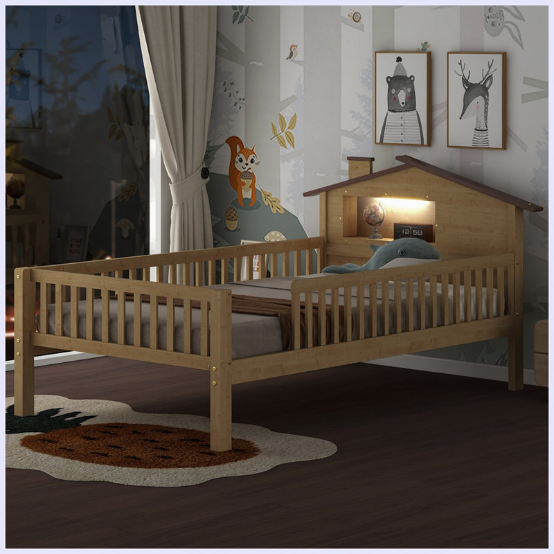 Lit plateforme moderne en bois avec tête de lit en forme de maison, DEL et rangement intégré, Naturel, Simple