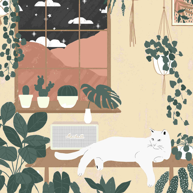 Chat avec des plantes - peinture sur toile tendue, H 30 po x l 30 po