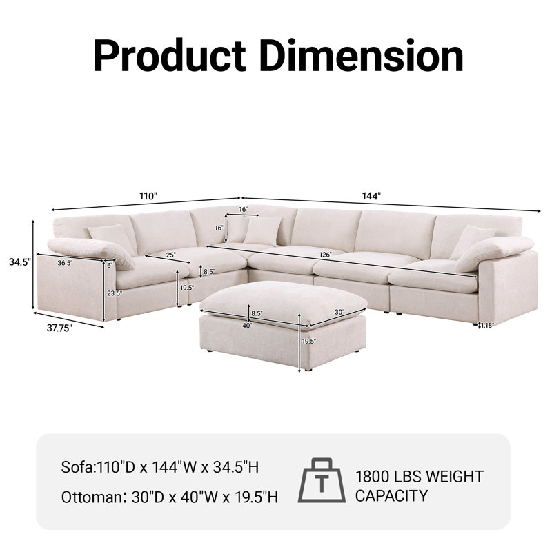 Canapé modulaire en chenille surdimensionné 144 pouces à 7 places avec canapé profond et modulaire en nuage 144 po avec repose-pieds rembourré amovible