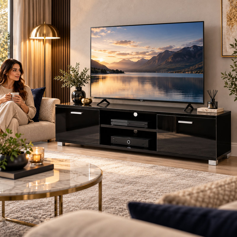Black Gloss TV Stand Cabinet with Storage for TVs up to 60", Black