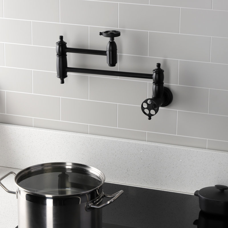 Kingston Brass Wendell Two-Handle 1-Hole Wall Mount Pot Filler Faucet with Knurled Handle, Matte Black