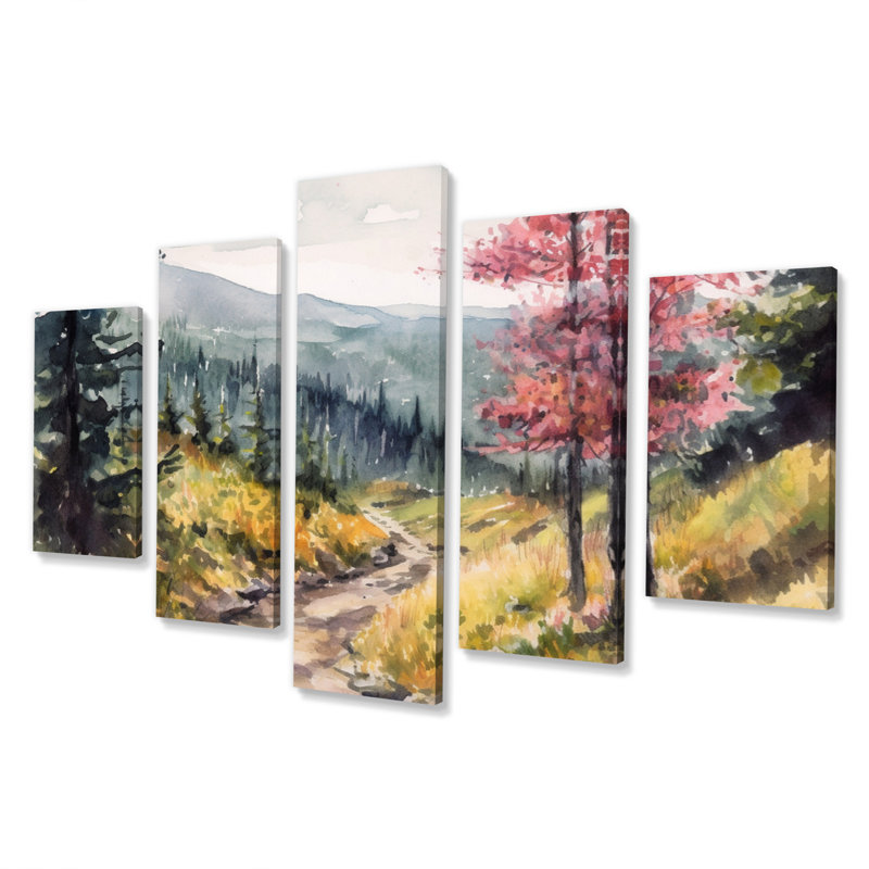 Petite route dans un paysage de montagne, art mural forêt, salon, 5 panneaux