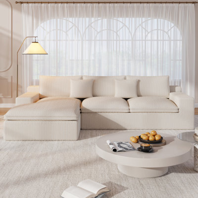 Boneless 108" No Assembly Required Modular Corduroy  Sectional Sofa With Deep Seat, 3 Thickened Seat Cushions, 2 Throw Pillows, Compression Sofa