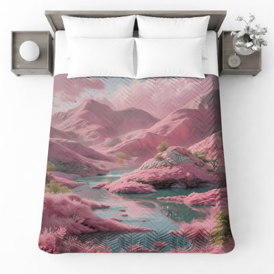 Pink Mountain Landscape Quilted Bedspread All Sizes