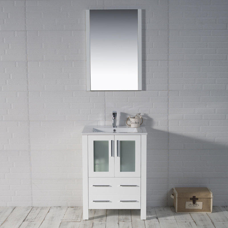 Mance 24.25'' Single Bathroom Vanity with Ceramic Top with Mirror, Glossy White