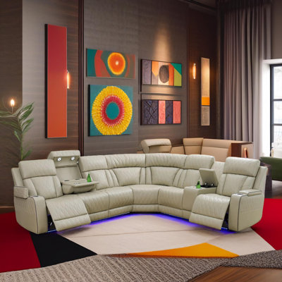 Aurora Beige Vegan Leather 3-Piece Living Room Recliner Sofa Set With Wireless Charger,Cup-Holders And Led Lights