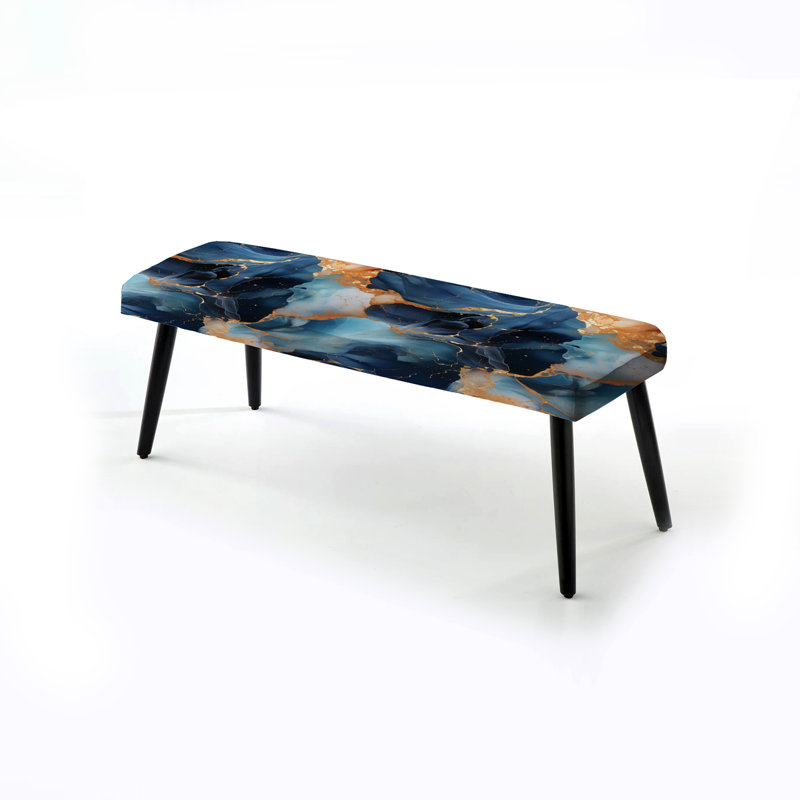 Blue And Gold Celestial Radiance Marble Bliss - Marble Upholstered Black Bench