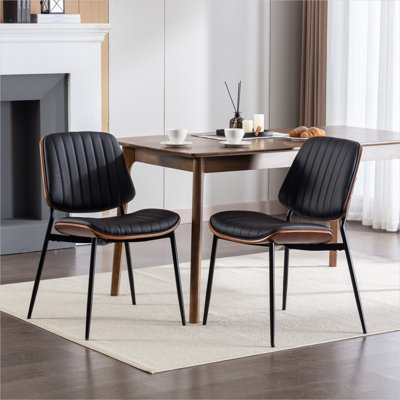 Mid-Century Modern Side Chair Set of 2 with Faux Leather Upholstery and Walnut Bentwood Back, Black-Toned