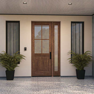 G5004-SW-96 | 96" Single Door, + 1xSidelite RTA Prehung Exterior, SDL 4 Lite, 1/2 Lite, 1 Panel, Unfinished Mahogany Wood