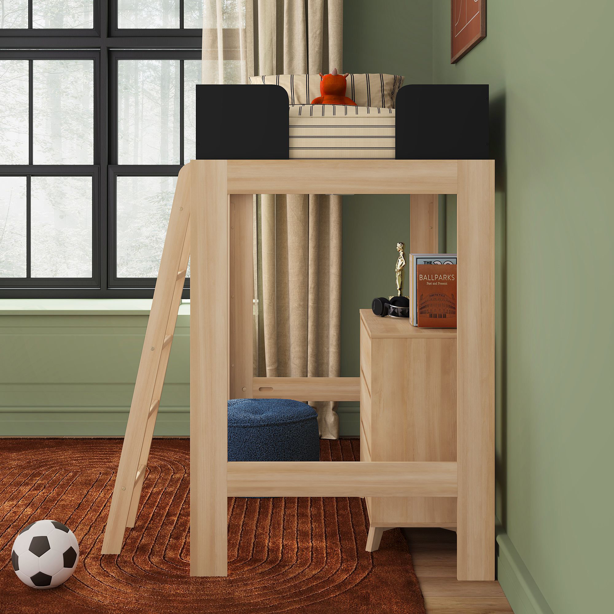 Ambur Twin Solid Wood Loft Bed, Blonde/Black