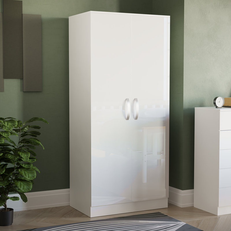 Arkadij 2 Door High Gloss Manufactured Wood Wardrobe With Internal Shelf and Hanging Rail, White