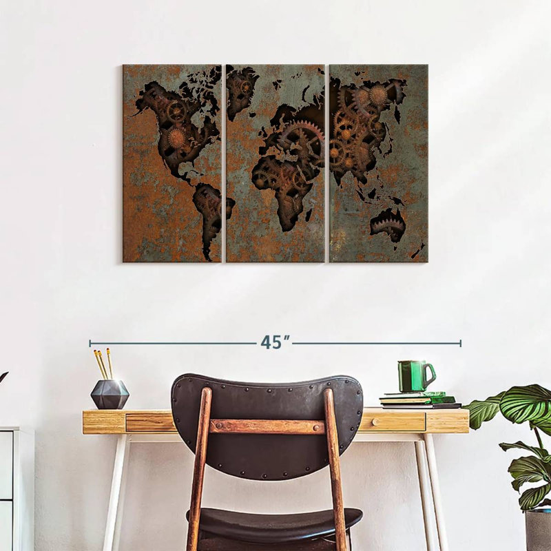 Ensemble de carte du monde sur toile Steampunk 3 pièces, H 24 po x l 38 po x P 1,25 po