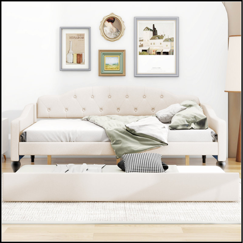 Upholstered Tufted Daybed with Trundle, Durable Linen Fabric and Spacious Storage for Modern Living Spaces