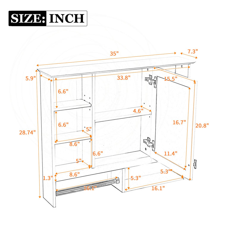 Armoire de rangement murale 35 po 2 en 1 avec 5 tablettes réglables et charnières à fermeture en douceur