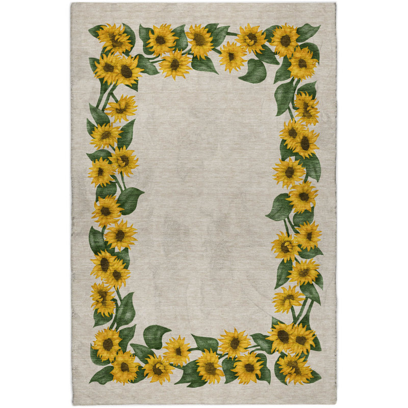 Premium Machine Washable Dream Shag ADS172 Sunflower Border Rug, 3' x 5'