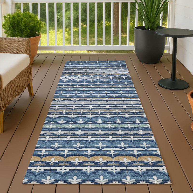 Tapis damassé intérieur / extérieur lavable à la machine ACN2479, Marine, Tapis de couloir 2 pi 3 po x 7 pi 6 po