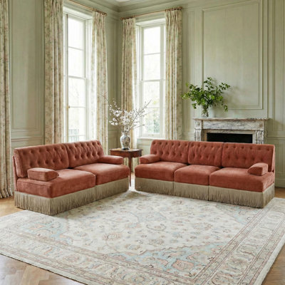 Glam Velvet Tufted 2-Piece Living Room Sectional Sofa with Floor-Grazing Fringe Skirt, Chesterfield Style Rust
